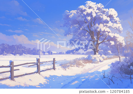 Snow scene in a rural town 120784185