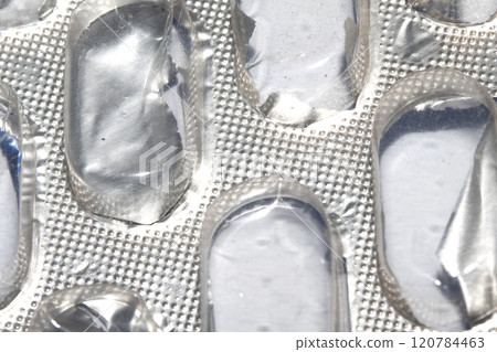Open Used Broken Foil Pill Popping Tablet Dispenser Blister Packet Close Up 120784463
