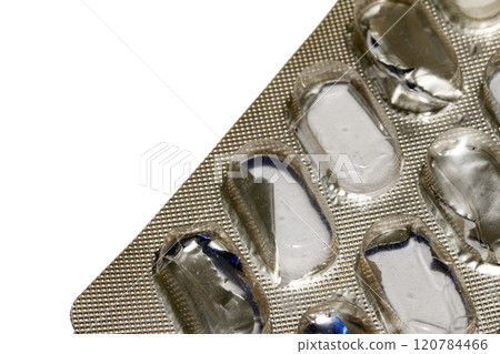 Open Used Broken Foil Pill Popping Tablet Dispenser Blister Packet Close Up Open Used Broken Foil Pill Popping Tablet Dispenser Blister Packet Close Up 120784466