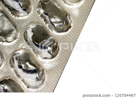 Open Used Broken Foil Pill Popping Tablet Dispenser Blister Packet Close Up Open Used Broken Foil Pill Popping Tablet Dispenser Blister Packet Close Up 120784467