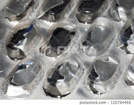 Open Used Broken Foil Pill Popping Tablet Dispenser Blister Packet Close Up 120784468