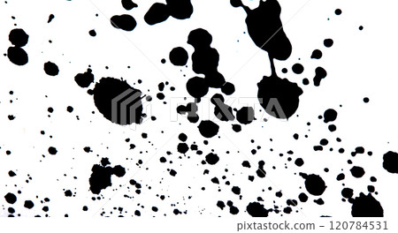 Black Messy Creative Ink Splatters Drips and Inkblot Close Up on White Background 120784531