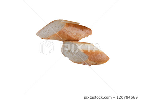 Two pieces of white wheat bread loafer isolated on white. 120784669