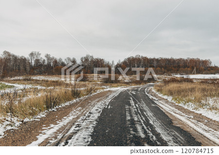 Winter road with a dangerous turning anti glaze composition 120784715