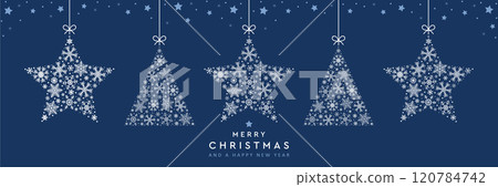 christmas greeting card with hanging snowflake fir tree and star decoration vector illustration christmas greeting card with hanging snowflake fir tree and star decoration vector illustration 120784742