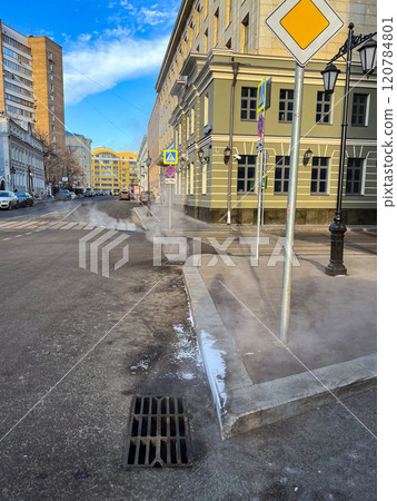 Moscow, Russia - December 2, 2022: View of Bakhrushina street with condensation steam. High quality photo 120784801