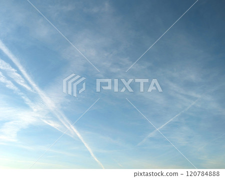 Blue Skys With Aeroplane condensation trails Contails in White Smoke for Background 120784888