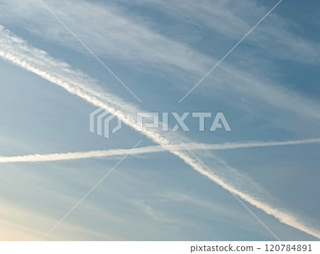 Blue Skys With Aeroplane condensation trails Contails in White Smoke for Background 120784891
