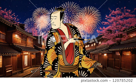 Man watching fireworks (background: generated AI) 120785202