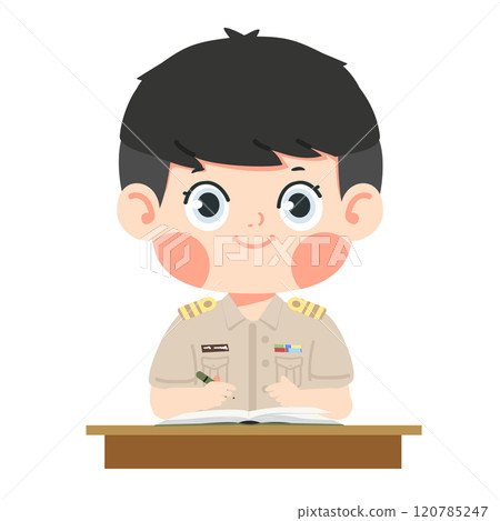 man in uniform sitting at a desk with a book 120785247