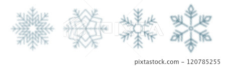 Dotted halftone snowflakes set, ornate Polka dot winter snowy elements. Vector illustration with isolated prefect circles 120785255