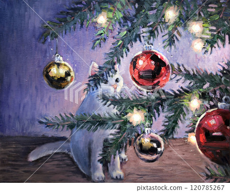 White cat admires Christmas tree with shining glass baubles. New Year hand drawn oil painting. Fine art, masterpiece. Oil on canvas original picture. White cat admires Christmas tree with shining glass baubles. New Year hand drawn oil painting. Fine art, masterpiece. Oil on canvas original picture. 120785267