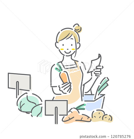 A woman shopping for groceries at a supermarket. Simple and stylish line drawing illustration 120785276