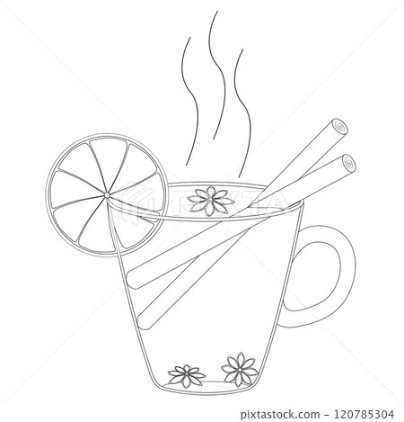 Winter Hot Drink Coloring Page with Cinnamon, Star Anise, and Lemon Winter Hot Drink Coloring Page with Cinnamon, Star Anise, and Lemon 120785304