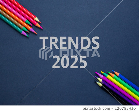 Planning trends 2025 new year symbol. Concept words Trends 2025 on beautiful black paper. Beautiful black paper background. Beautiful colored pencils Business trends 2025 new year concept. Copy space. 120785430