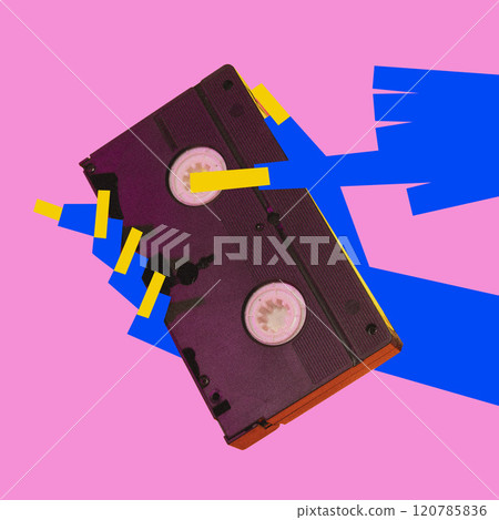Contemporary art collage. Vintage VHS tape, reminiscent of days of home video rentals and rewinding tapes. y2K colorful design. 120785836