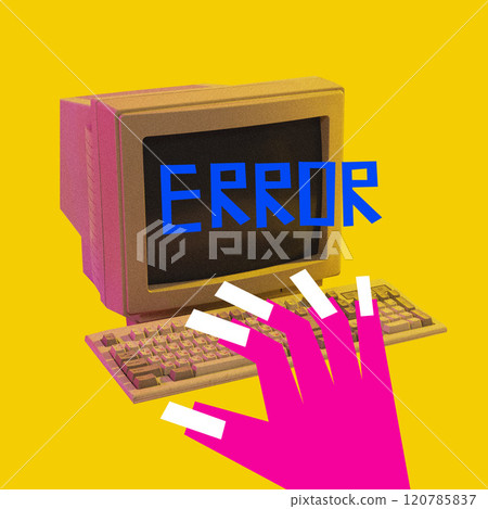 Contemporary art collage. Retro computer monitor with bold error message, in pixelated textures, y2K design. 120785837
