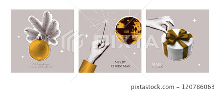 Christmas and New Year halftone collage cards set. Cut out of magazine various shapes, New Year clipping paper stickers - balls, hands, gift box. Modern retro grunge vector illustration 120786063