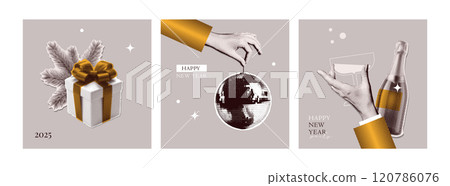 Halftone 2025 New Year retro square covers set. Retro Collage with hand, champagne, mirror ball, gift box. Vintage vector design. Halftone 2025 New Year retro square covers set. Retro Collage with hand, champagne, mirror ball, gift box. Vintage vector design. 120786076