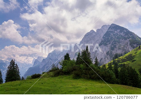Donnerkogel Mountain in Alps, Gosau, Gmunden district, Upper Austria federal state, cloudy summer day Donnerkogel Mountain in Alps, Gosau, Gmunden district, Upper Austria federal state, cloudy summer day 120786077
