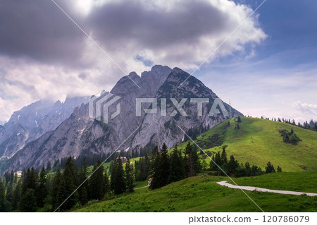 Donnerkogel Mountain in Alps, Gosau, Gmunden district, Upper Austria federal state, cloudy summer day 120786079