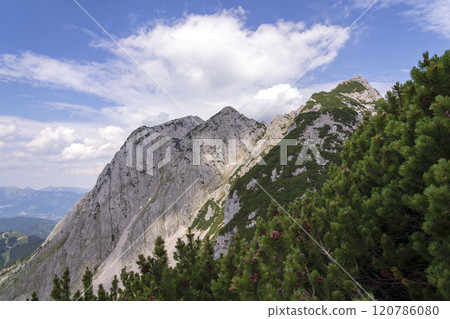 Donnerkogel Mountain in Alps, Gosau, Gmunden district, Upper Austria federal state, cloudy summer day Donnerkogel Mountain in Alps, Gosau, Gmunden district, Upper Austria federal state, cloudy summer day 120786080