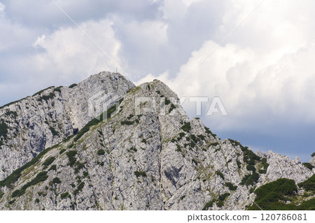 Donnerkogel Mountain in Alps, Gosau, Gmunden district, Upper Austria federal state, cloudy summer day 120786081