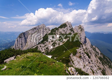 Donnerkogel Mountain in Alps, Gosau, Gmunden district, Upper Austria federal state, cloudy summer day Donnerkogel Mountain in Alps, Gosau, Gmunden district, Upper Austria federal state, cloudy summer day 120786082