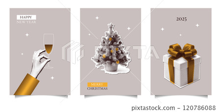 Christmas and 2025 New year halftone collage cards, posters, banners set. Cut out of magazine shapes, dotted vintage texture. Minimal modern retro vector illustration Christmas and 2025 New year halftone collage cards, posters, banners set. Cut out of magazine shapes, dotted vintage texture. Minimal modern retro vector illustration 120786088