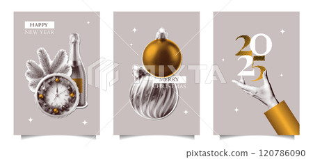 Elegant minimal Set of festive Christmas retro posters with halftone elements hand, champagne, xmas tree balls and clock. Trendy vector templates with photocopy effect for greeting card, invitation. Elegant minimal Set of festive Christmas retro posters with halftone elements hand, champagne, xmas tree balls and clock. Trendy vector templates with photocopy effect for greeting card, invitation. 120786090