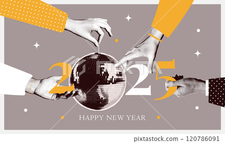 2025 New year halftone collage trendy banner template. Elegant hands holding disco ball and cut out 2025 numbers. Modern retro vector illustration. 120786091