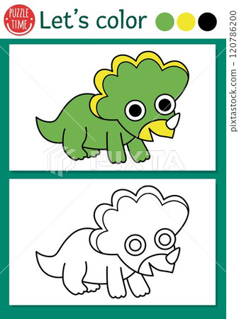 Dinosaur coloring page for children with little baby triceratops. Vector prehistoric outline illustration. Simple color book for kids with colored example. Drawing skills printable worksheet 120786200