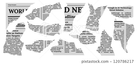 Torn newspaper clippings collage with headlines and grunge style. 120786217