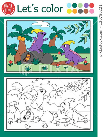 Dinosaur coloring page for children with Parasaurolophus couple. Vector outline illustration with prehistoric landscape. Color book for kids with colored example. Drawing printable worksheet Dinosaur coloring page for children with Parasaurolophus couple. Vector outline illustration with prehistoric landscape. Color book for kids with colored example. Drawing printable worksheet 120786221
