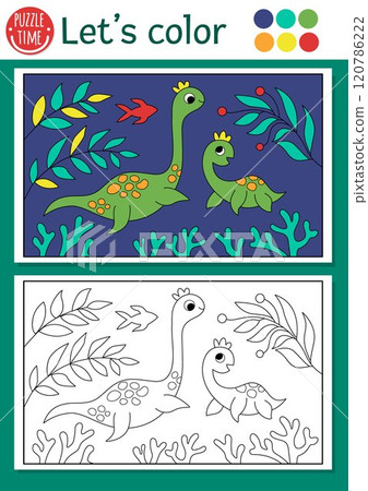 Dinosaur coloring page for children with plesiosaur, baby. Vector outline illustration with prehistoric landscape. Color book for kids with colored example. Drawing skills printable worksheet Dinosaur coloring page for children with plesiosaur, baby. Vector outline illustration with prehistoric landscape. Color book for kids with colored example. Drawing skills printable worksheet 120786222