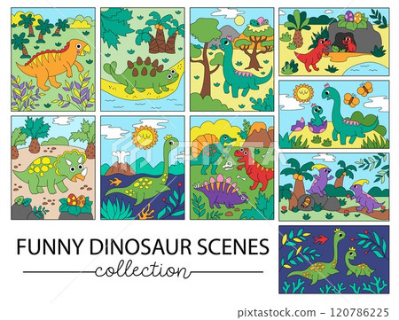 Vector dinosaur vertical and horizontal scenes collection Cartoon dino landscape illustration pack for kids. Cute prehistoric scenes set with Pterodactyl, Stegosaurus, Triceratops, T-Rex Vector dinosaur vertical and horizontal scenes collection Cartoon dino landscape illustration pack for kids. Cute prehistoric scenes set with Pterodactyl, Stegosaurus, Triceratops, T-Rex 120786225