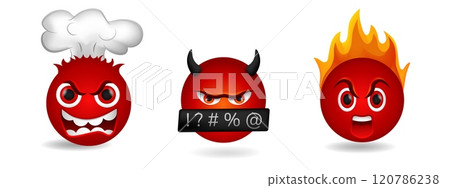 Mad devil emoji with red flames, grumpy expression, and angry mood. 120786238