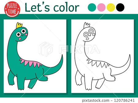 Dinosaur coloring page for children with brachiosaurus. Vector prehistoric outline illustration. Simple color book for kids with colored example. Drawing skills printable worksheet with diplodocus 120786241