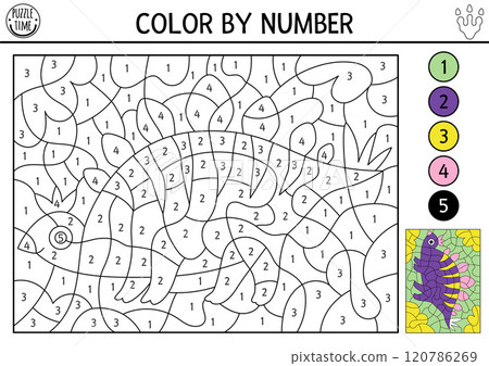 Vector dinosaur color by number activity with stegosaurus. Prehistoric landscape scene. Black and white counting game with ancient animal. Coloring page, mosaic painting for kids 120786269