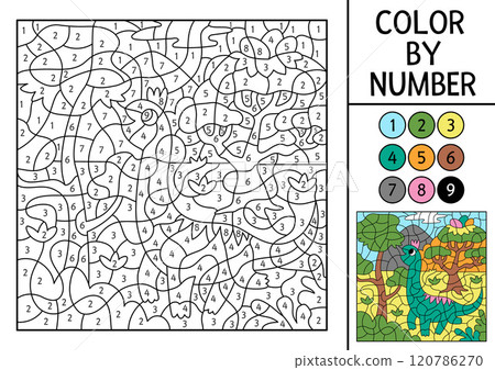 Vector dinosaur color by number activity with brachiosaurus eating leaves. Prehistoric landscape scene. Black and white counting game with ancient animal. Coloring page, mosaic painting for kids 120786270