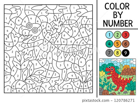 Vector dinosaur color by number activity with tyrannosaurus, volcano. Prehistoric landscape scene. Black and white counting game with ancient animal. Coloring page, mosaic painting for kids 120786271