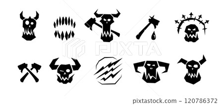Orc skull icon with axes for fantasy and battle themes. Orc skull icon with axes for fantasy and battle themes. 120786372