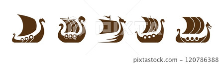 Brown Viking longship with shields and dragon sail for Norse themes. Brown Viking longship with shields and dragon sail for Norse themes. 120786388