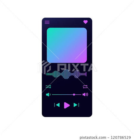 Dark music player UI with gradient controls for audio. 120786529