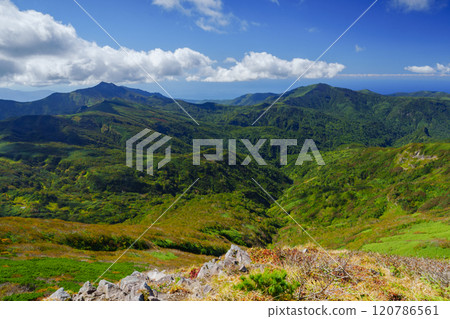 The view from the summit of Shokanbetsu-dake: A spectacular view of Hokkaido in autumn. One of Japan's 200 famous mountains. The view from the summit of Shokanbetsu-dake: A spectacular view of Hokkaido in autumn. One of Japan's 200 famous mountains. 120786561