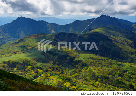 The view from the summit of Shokanbetsu-dake: A spectacular view of Hokkaido in autumn. One of Japan's 200 famous mountains. The view from the summit of Shokanbetsu-dake: A spectacular view of Hokkaido in autumn. One of Japan's 200 famous mountains. 120786565