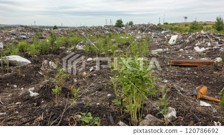 Orphan waste concept. vast landfill with scattered trash and emerging green plants under cloudy sky. 120786692