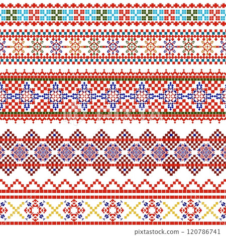 American ethnic fabric patterns, characterized by striking red . These patterns, deeply rooted in cultural heritage, offer a distinctive aesthetic  ethnic perfect for the textile industry. Each design 120786741