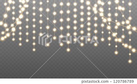 Christmas light png garlands. Set of Christmas glowing garlands. Festive Christmas gold garlands, dust, sparkle, and a star. 120786789