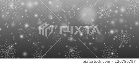 Realistic falling snow with snowflakes and clouds. Heavy snowfall, snowflakes in different shapes and forms. Many white cold flake elements on transparent background. Snowfall. Falling Snowflakes 120786797